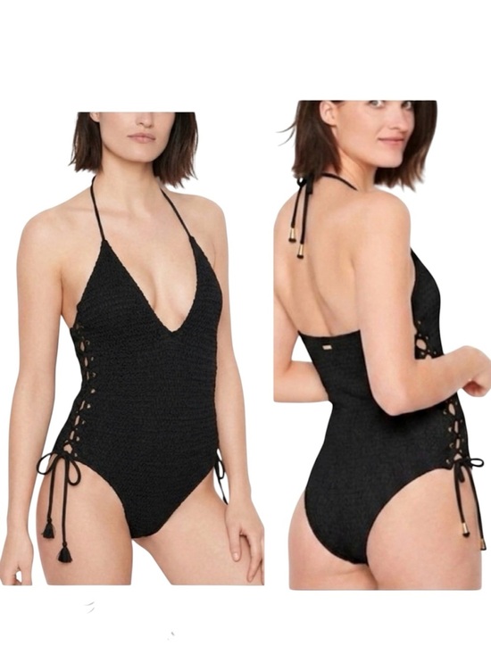 Victoria's Secret Other - Victoria's Secret NEW Ensenada Smocked
LaceUp Halter Top M 1pc Black Swimsuit